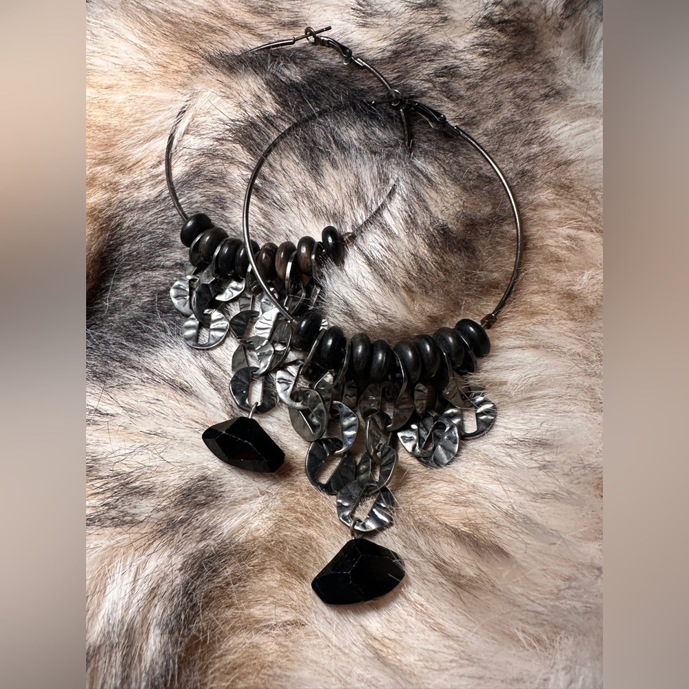 Brutalist Ruff-Cut Onyx Chain Chandelier Hoop Earrings